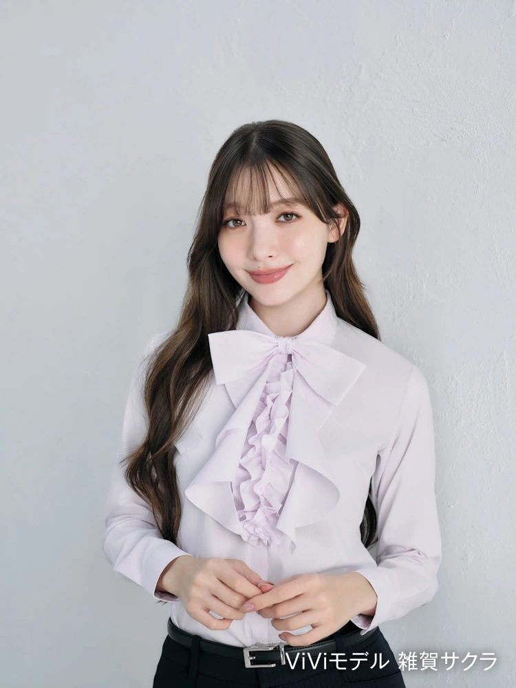 【4WAYフリル＆リボン付】長袖ブラウススキッパー形態安定透けにくい織柄無地ViVi通年【レディース】