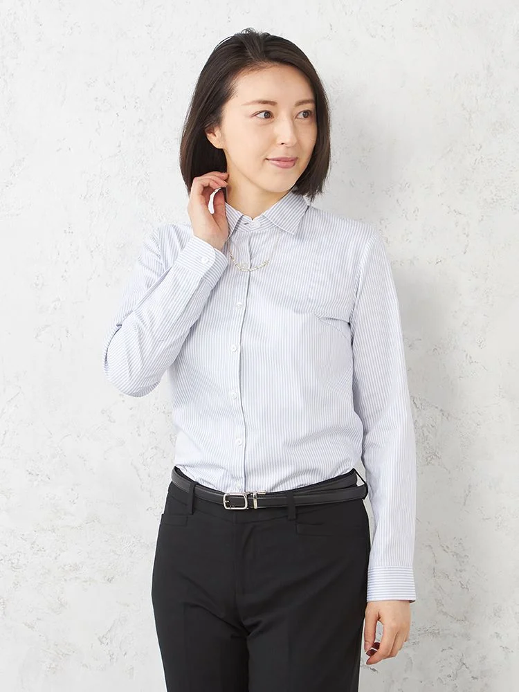 【形態安定】ブラウス長袖ビジュー付きレギュラーカラーUVカットストライプGraceField通年【レディース】