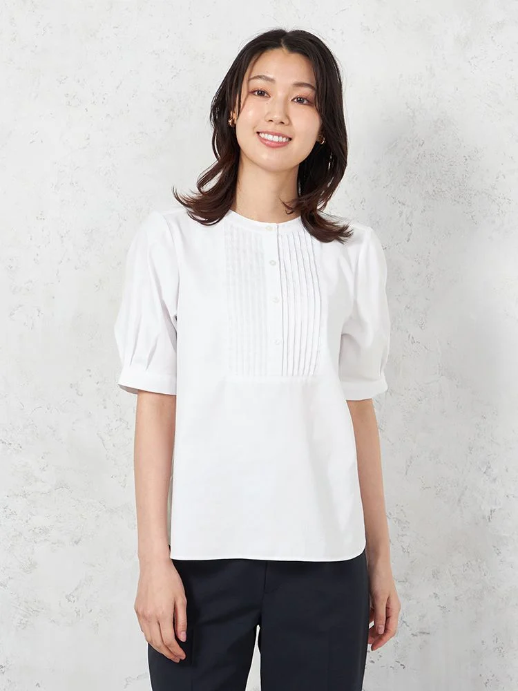 【UVカット】半袖ピンタックブラウス遮熱透け防止形態安定無地SOFFICE春夏【レディース】