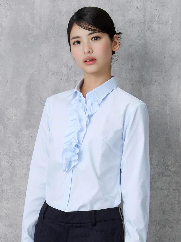 【4WAYフリル＆リボン付】長袖ブラウススキッパー形態安定透けにくい織柄無地ViVi通年【レディース】