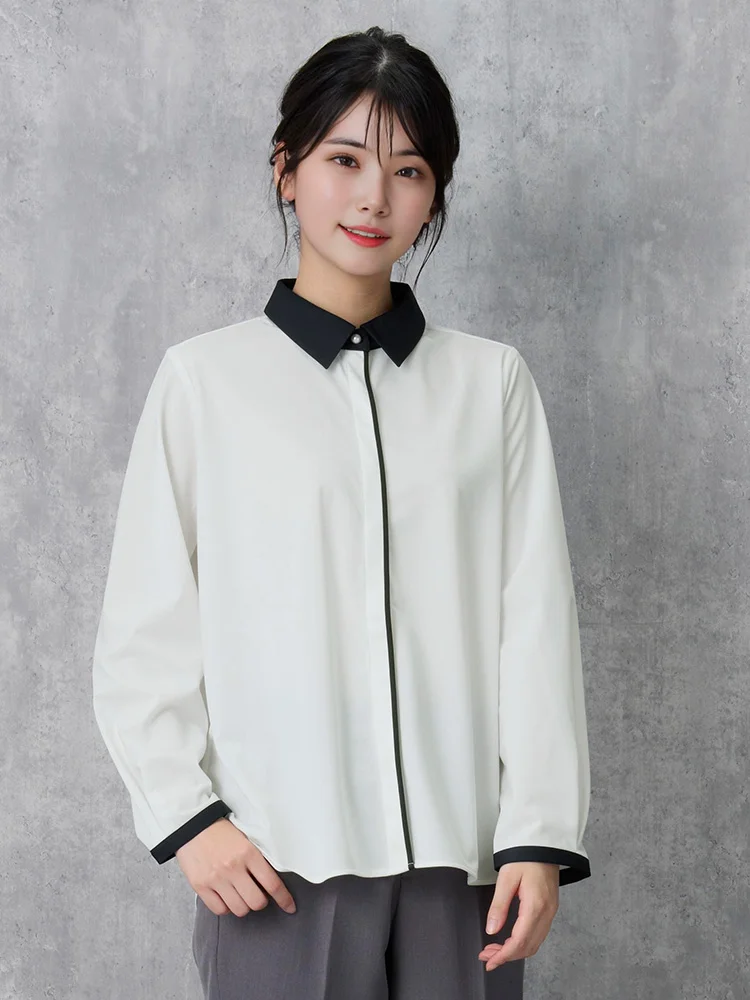 【即納】【ストレッチ】長袖配色レギュラーブラウス【WEB限定】形態安定UVカット通年【レディース】