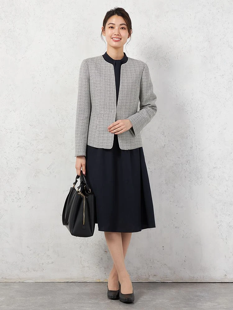 【セレモニーワンピ3点セット】フォーマルボウタイ取り外し2WAYワンピース／ツイード調ジャケット／V開きジャケットSOFFICE通年礼服【レディース】