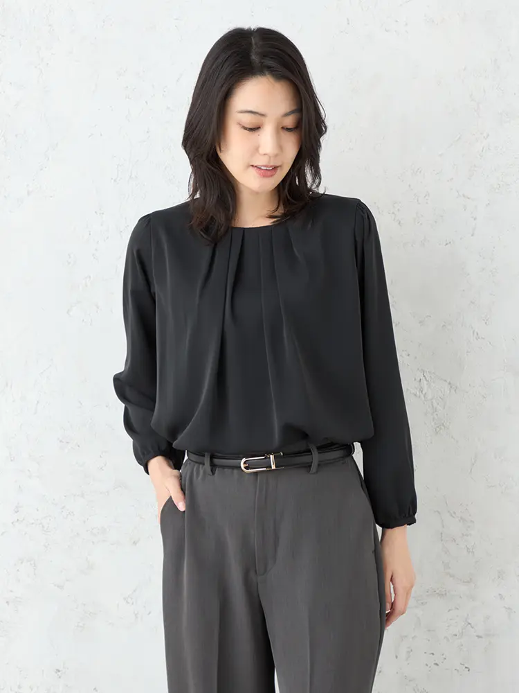 【SOFFICE】2枚仕立てフロントタックブラウスカットソー長袖プルオーバーソフィーチェ消臭加工ウォッシャブル通年【レディース】