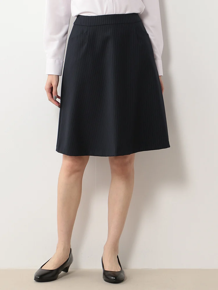 【ウォッシャブル】ポケット付フレアスカートストレッチネイビーストライプ通年【レディース】