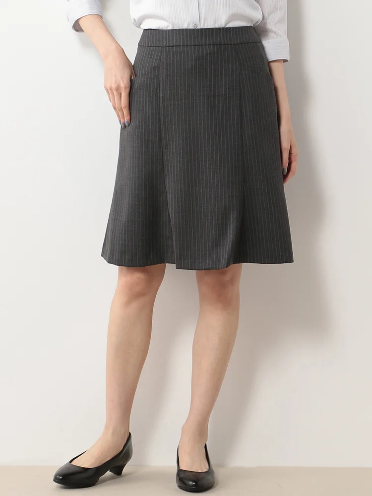 【ウォッシャブル】ポケット付切替フレアスカートストレッチグレーストライプ通年【レディース】