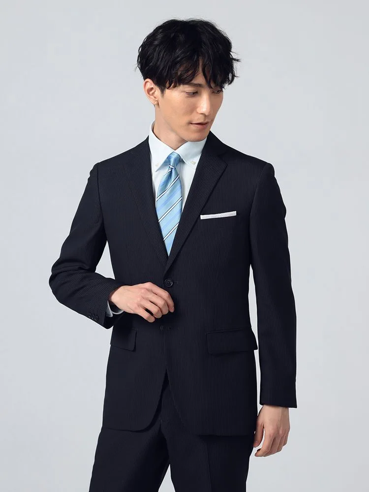 【上下ウォッシャブル】スーツ2つボタンイージーケアポリエステル100％ストライプフュージョンクラブ春夏