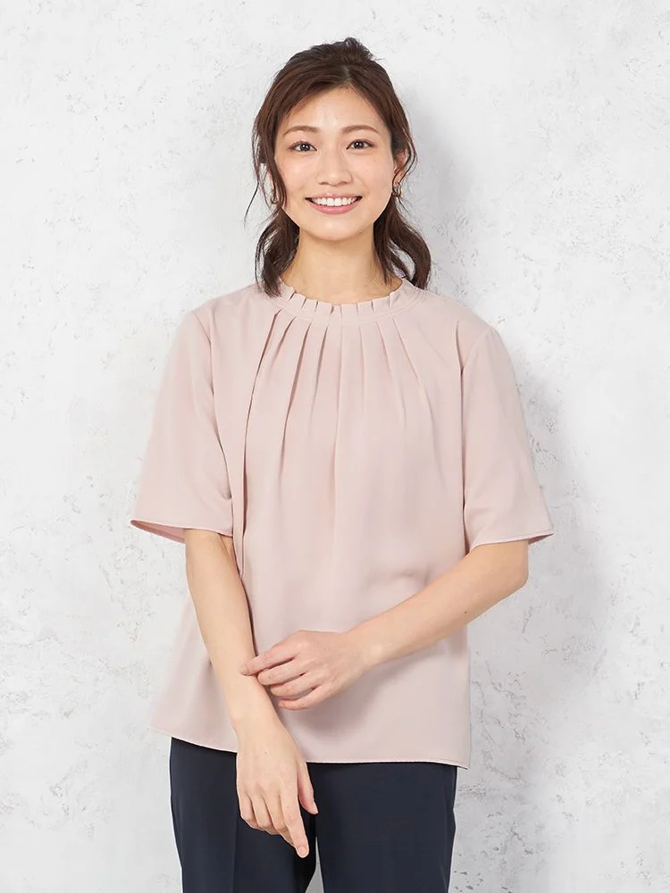 【透けにくい】ブラウス5分袖ハイネックタックデザイン無地SOFFICE春夏【レディース】