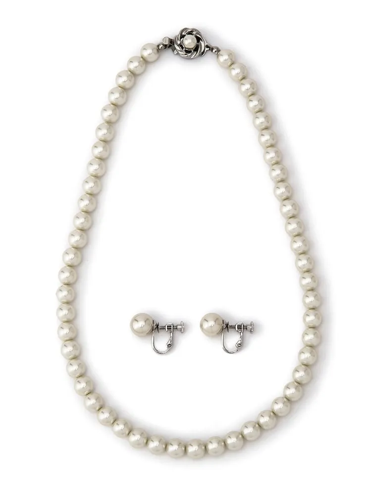 パールネックレス＆イヤリングセット（硝子パール）ホワイト【レディース】
