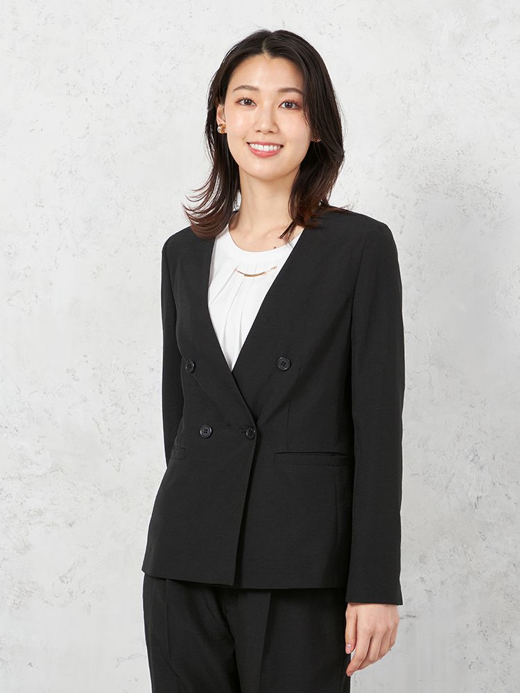 【ウォッシャブル】ノーカラーダブルジャケットリネンライクメランジ生地無地SOFFICE春夏【レディース】