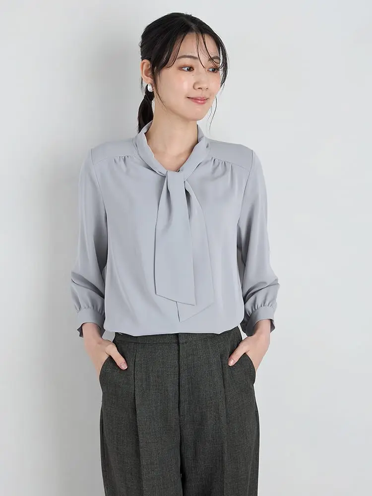 【SOFFICE】デシンボウタイ7分袖ブラウスニット・カットソー無地ウォッシャブル通年【レディース】