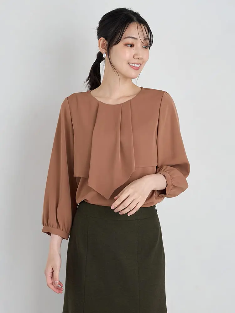 【SOFFICE】デシンアシメフリル7分袖ブラウスニット・カットソー無地ウォッシャブル通年【レディース】