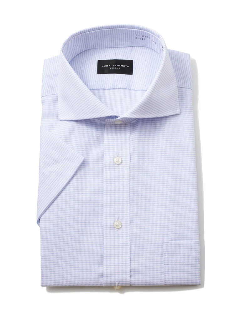 【形態安定】半袖ワイシャツカッタウェイ綿100%防汚/抗菌/防臭ドビーミニチェック織柄無地カンサイ・ヤマモト春夏