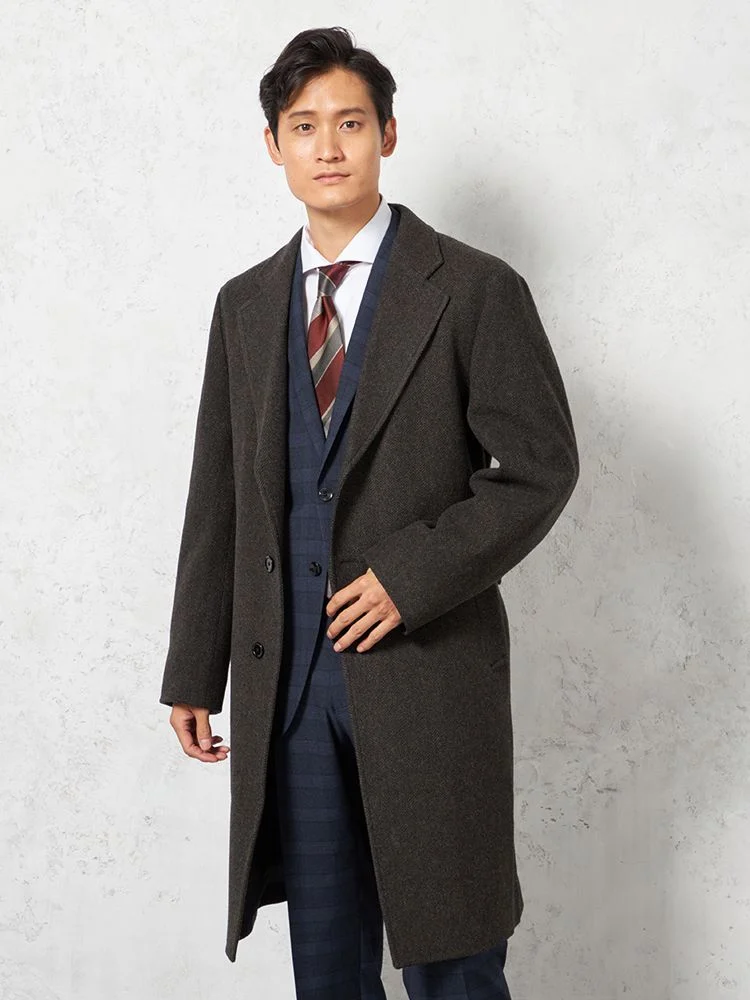 【ウール100％】クラシックベルテッドウールコートベルト付きヘリンボンnero秋冬【スリムデザイン】