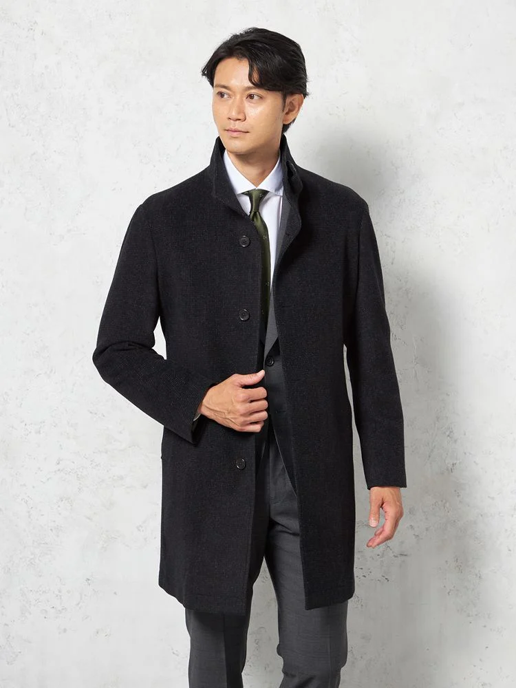 【尾州アンゴラ混素材】スタンドカラーコートミドル丈織柄無地STOVEL&MASON秋冬