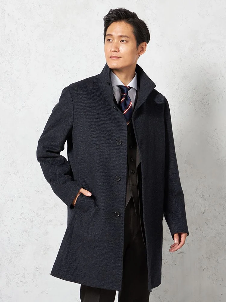 【ウール混】ステンカラーコート尾州産ウール使用ラグランスリーブヘリンボンリッケンバッカー秋冬