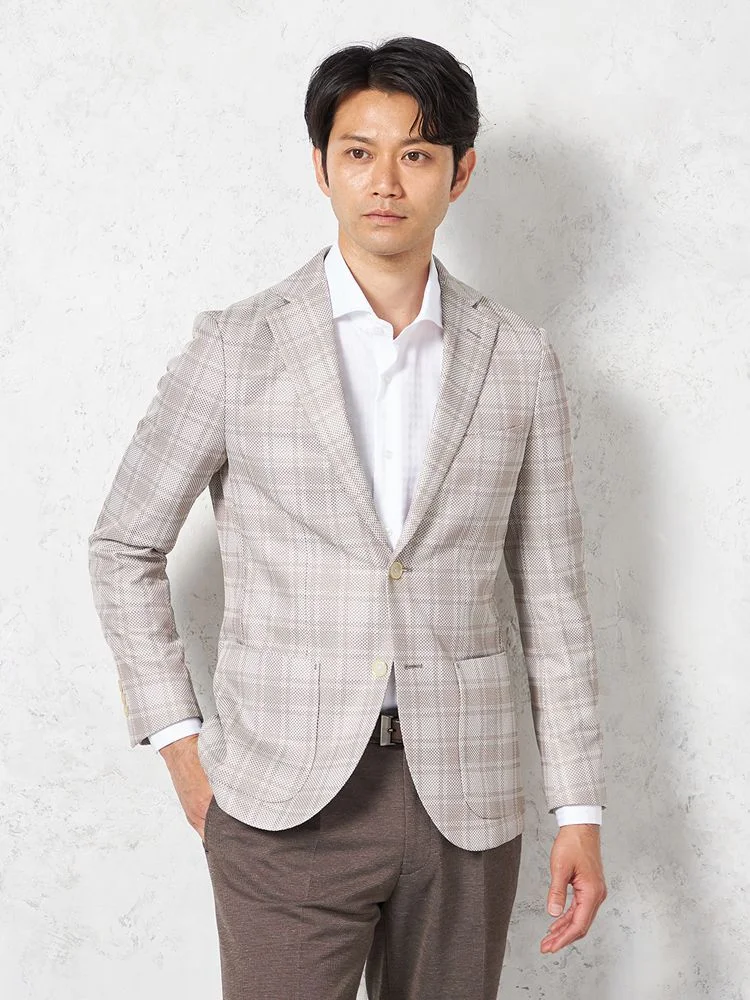 【ウォッシャブル】ジャケット2つボタン【i-Jacket-アイジャケット-】ストレッチ軽量イタリアンチェック柄ベージュ春夏