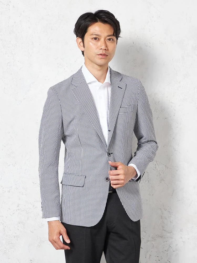 【ウォッシャブル】ジャケット段返り3つボタンストレッチサッカー素材軽量マイクロチェック春夏