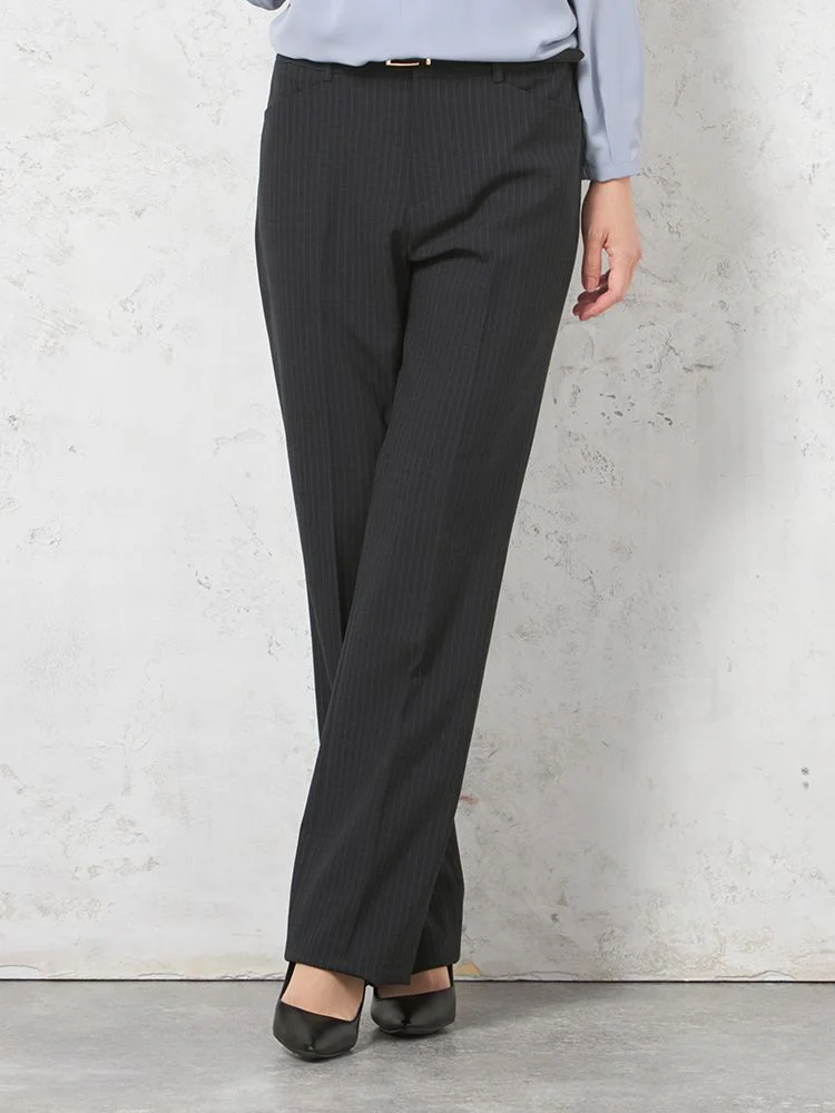 【働ラク肩ラクスーツ】パンツストレートウォッシャブルストレッチグレーストライプS＆MWHITE秋冬【レディース】