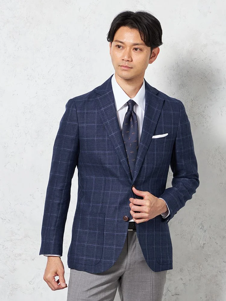 【軽量】ジャケット2つボタンリネン混【REDA社製生地】ネイビーチェックRUCKENBACCHAR春夏