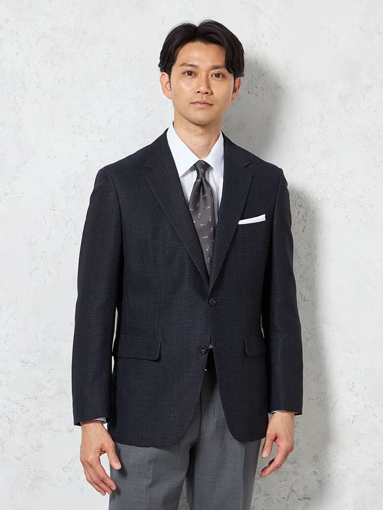 【超軽量】ジャケット2つボタンリネンタッチ高通気ネイビーチェックRUCKENBACCHAR春夏