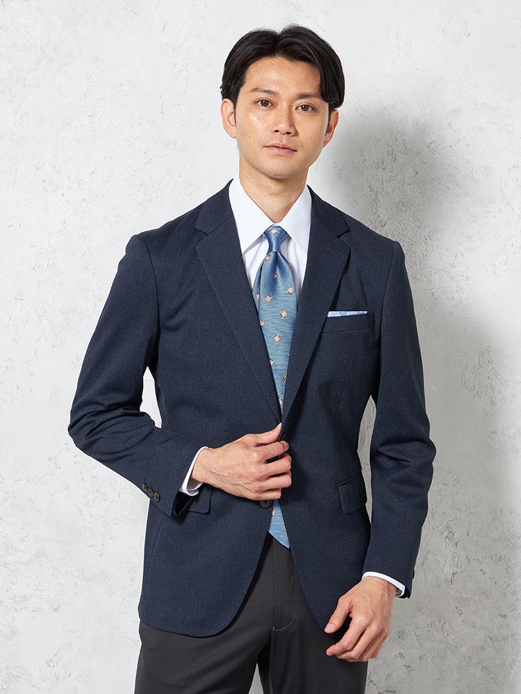 【i－Jacket-アイジャケット-】トリコットメッシュプリントジャケット2つボタンストレッチ高通気軽量ネイビー無地春夏