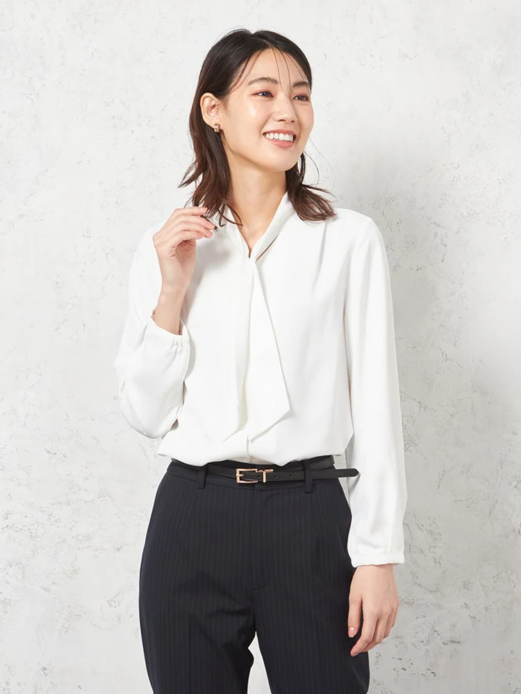 【ウォッシャブル】ブラウス長袖パール鼓釦ボウタイブラウス透けにくいストレッチ無地SOFFICE通年【レディース】