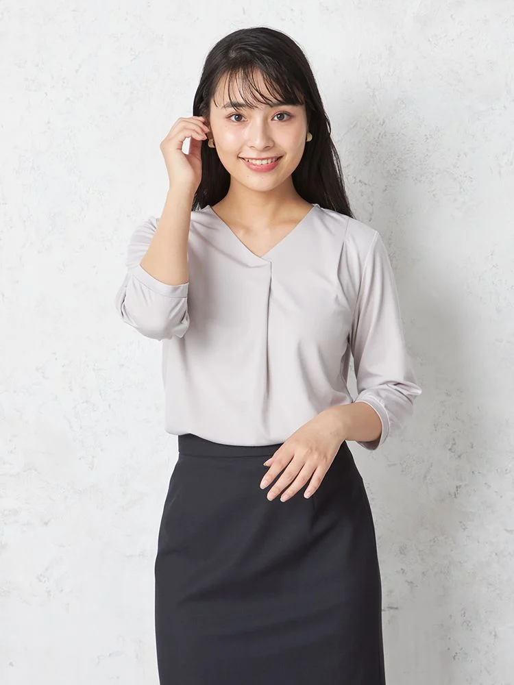 【INDIVI】カットソー7分袖シルケット天竺Ｖ開きトップスウォッシャブル無地通年【レディース】