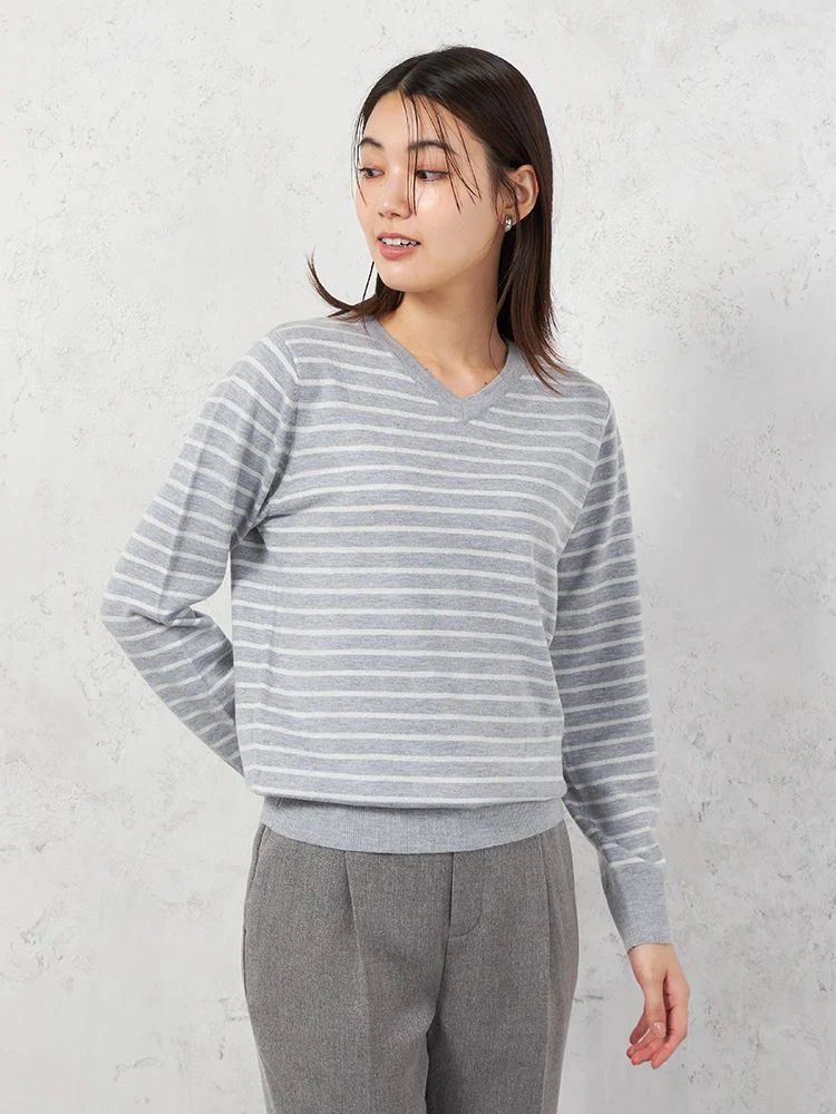 【INDIVI】Vネックプルオーバーニットウォッシャブルデオドラントボーダー秋冬【レディース】