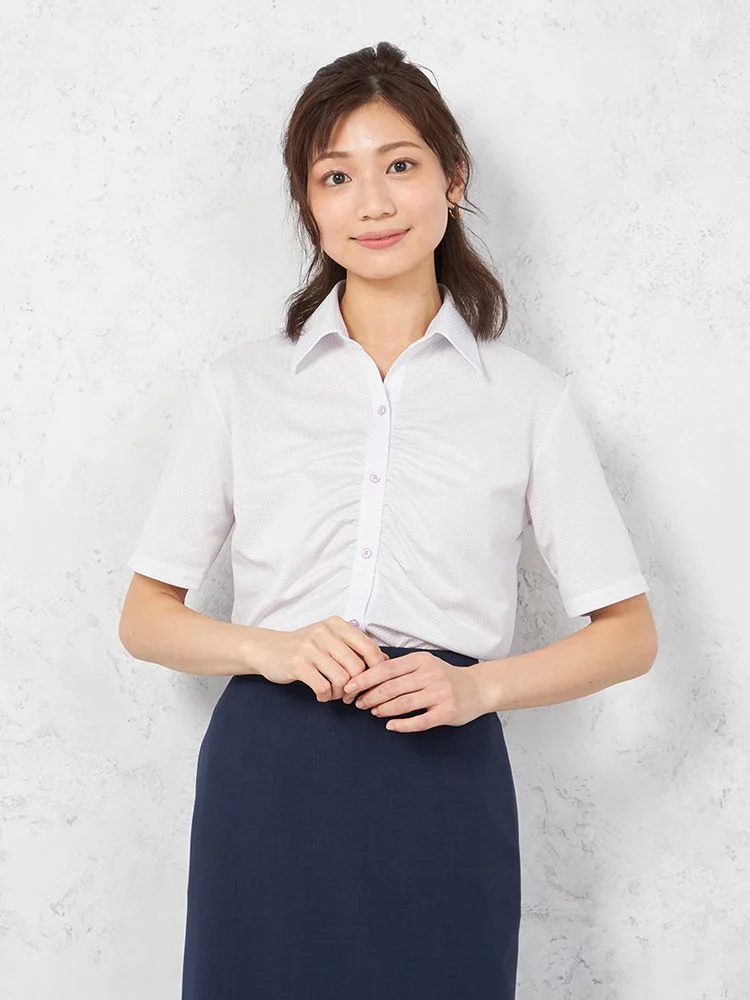 【完全ノーアイロン】i-shirtバイオセンサー半袖ブラウスギャザースキッパーラベンダー織柄無地アイシャツ春夏【レディース】