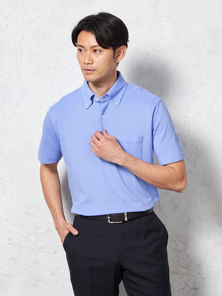 【綿麻ポリエステル素材】半袖ポロシャツボタンダウンドライタッチカジュアルインナー無地春夏