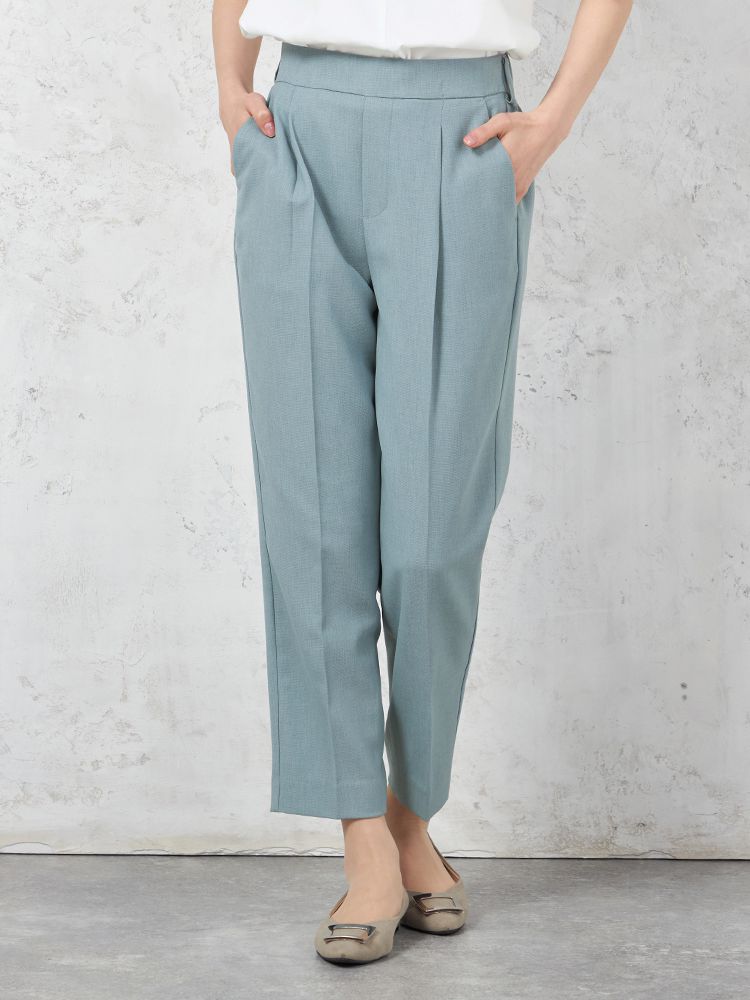 【ウォッシャブル】WALKPLUSシンプルタックテーパードパンツ麻調メッシュ素材無地春夏【レディース】