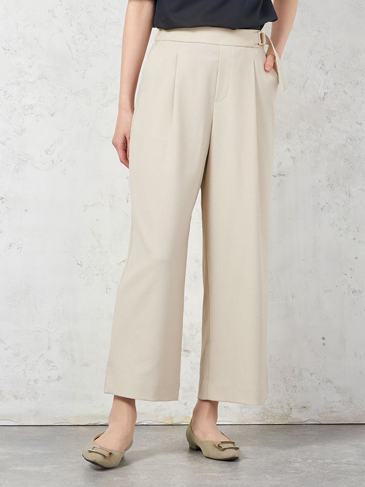 【ウォッシャブル】WALKPLUSサイドタブワイドパンツ麻調メッシュ素材無地春夏【レディース】