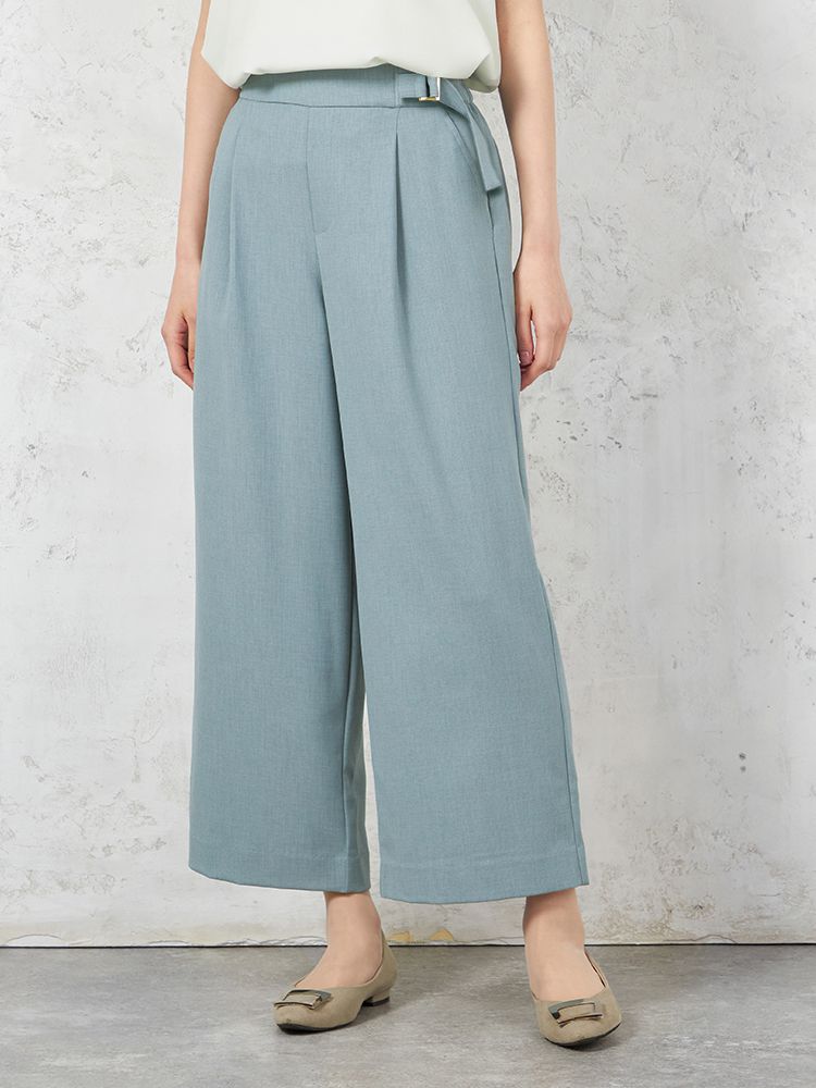 【ウォッシャブル】WALKPLUSサイドタブワイドパンツ麻調メッシュ素材無地春夏【レディース】