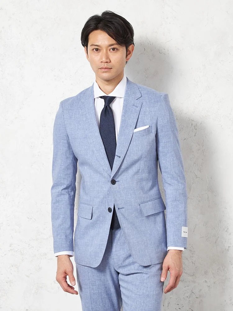 【パンツウォッシャブル】スーツ段返り3つボタン尾州素材麻混ライトフィールストレッチ織柄無地リッケンバッカー春夏