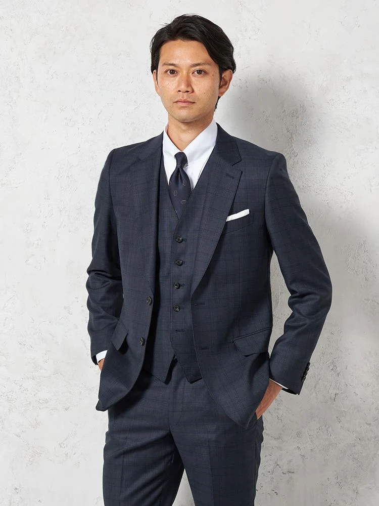 【ウール100%】スリーピーススーツ2つボタン【REDA】イタリアインポート素材チェックRUCKENBACCHAR秋冬