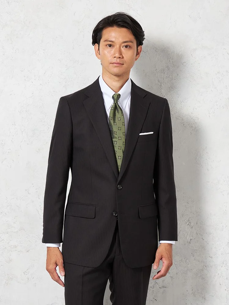 【ウール100%】スーツ2つボタン英国製素材【JOHNFOSTER】シャドウストライプSTOVEL&MASON通年