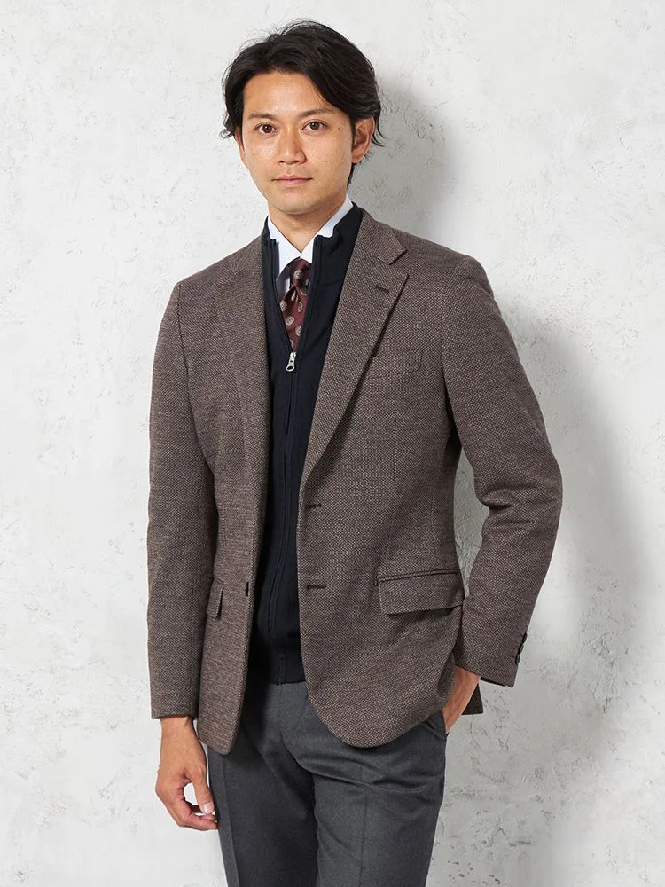 【尾州ニット生地】ジャケット2つボタン国産素材ストレッチ小柄ブラウンリッケンバッカー秋冬