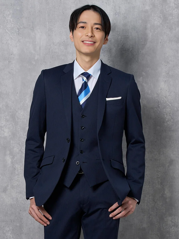 【上下ウォッシャブル】スリーピーススーツ2つボタン脚長シルエットネイビーシャドウストライプneroスリム通年【スリムデザイン】