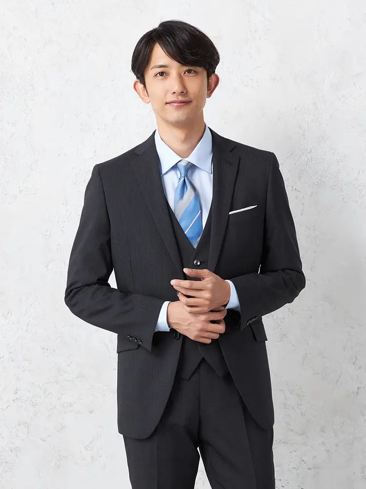 【上下ウォッシャブル】スリーピーススーツシャドウストライプｎｅｒｏノータック春夏【ネロ】