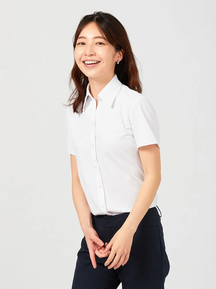 【完全ノーアイロン】ブラウス半袖シャツスキッパー【アイスライブ】冷感吸汗速乾白無地i-shirt春夏【レディース】