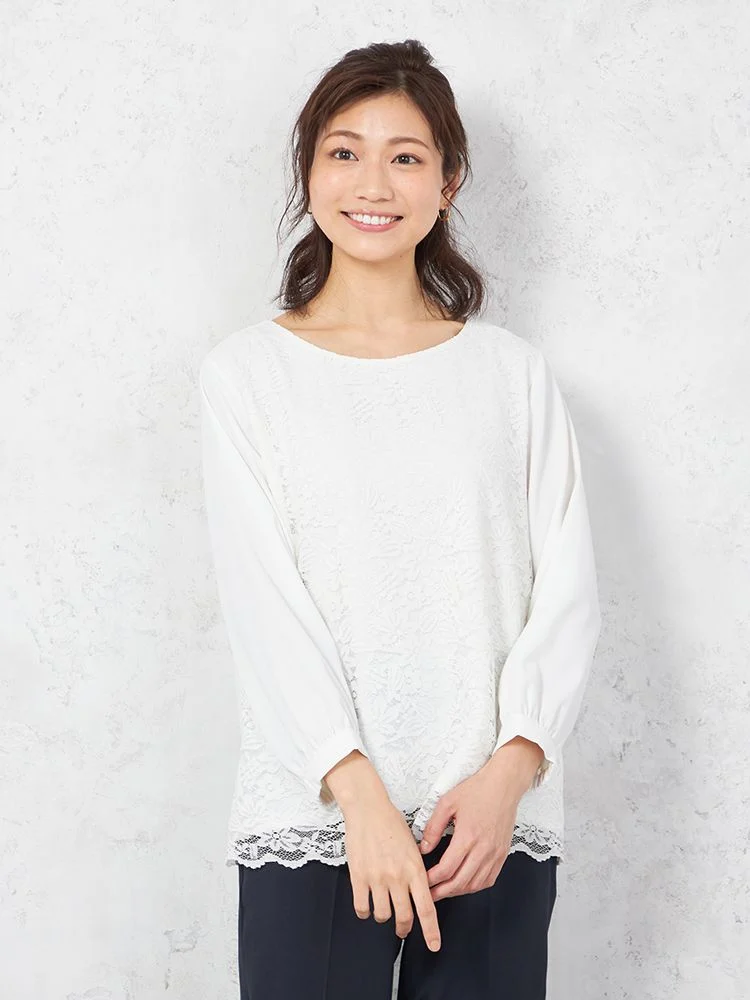 【ウォッシャブル】ブラウス7分袖レース重ねUV加工中柄SOFFICE通年【レディース】