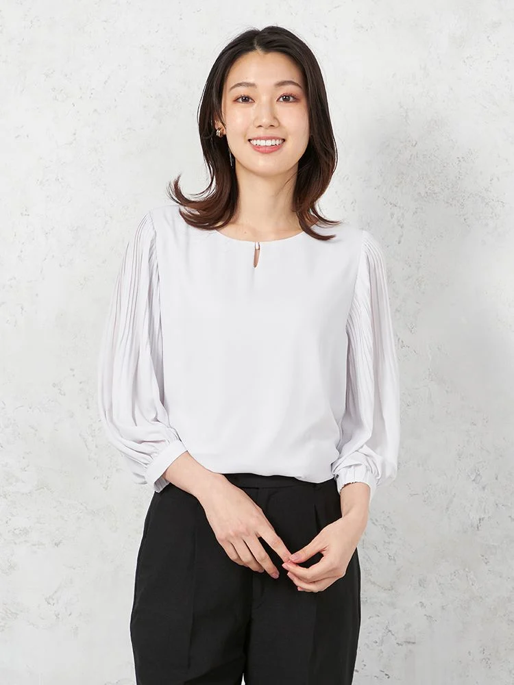 【ウォッシャブル】7分袖袖プリーツブラウスUVカット透けにくい2枚仕立て無地SOFFICE春夏【レディース】