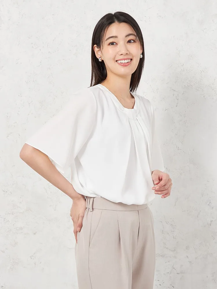 【UVカット】2WAYタイ風バ－付ブラウス5分袖透けにくいウォッシャブルSOFFICE春夏【レディース】