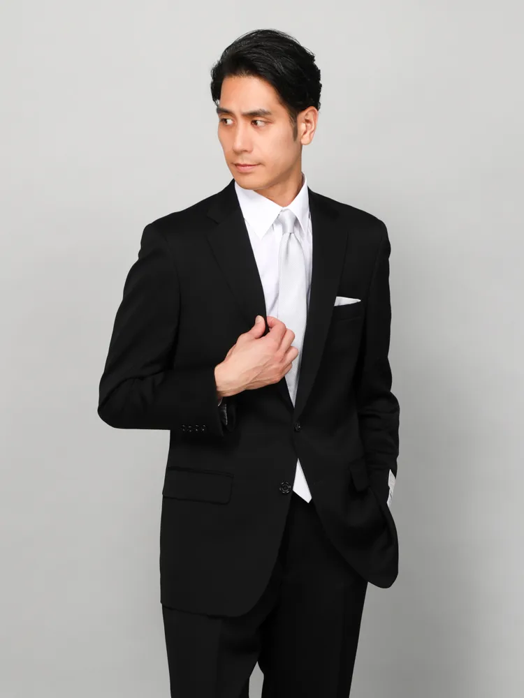 [礼服]【ウエストアジャスター仕様】フォーマル2つボタンウール混黒無地STOVEL&MASON通年礼服【定番】