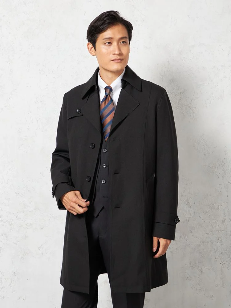 【撥水&防風】シングルセミトレンチAラインコートライナー付ヘリンボンnero秋冬【スリムデザイン】