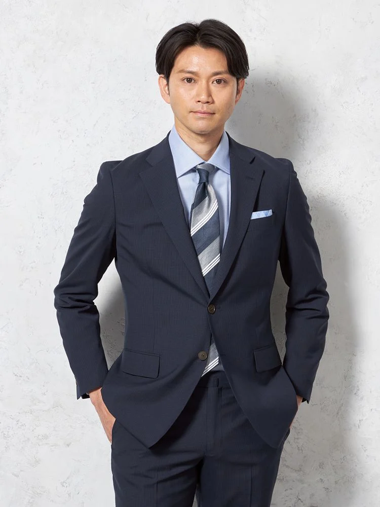 【超軽量】スーツ2つボタン接触冷感上下ウォッシャブルネイビーマイクロチェックリッケンバッカー春夏