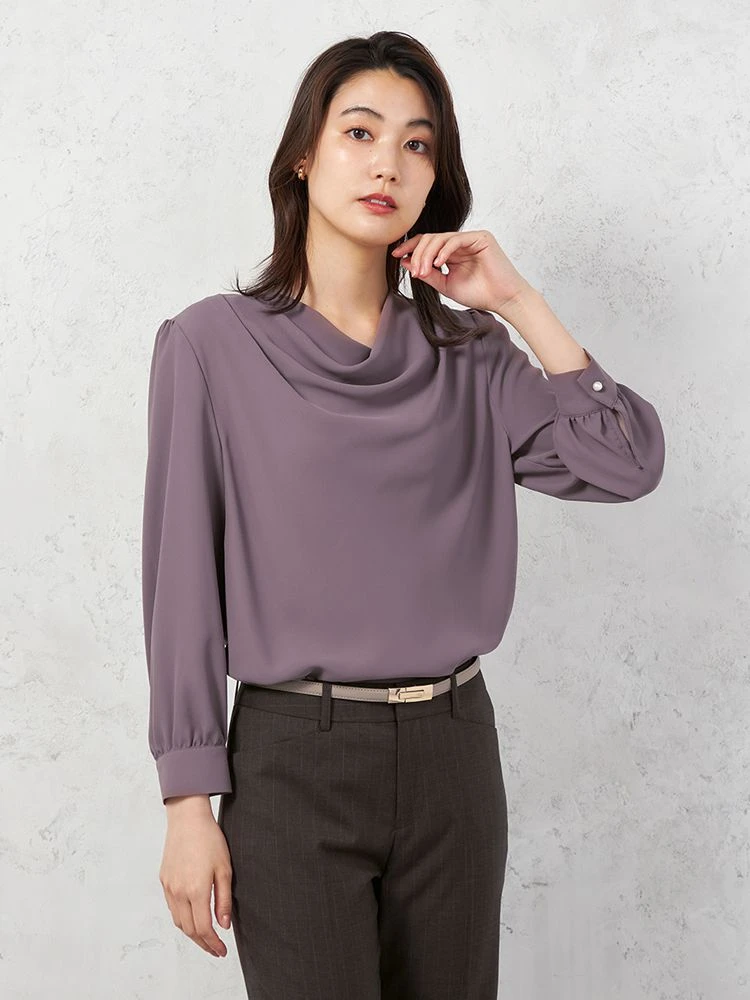 【ストレッチ】ラチネ織ドレープネックブラウス9分袖ウォッシャブルSOFFICE通年【レディース】