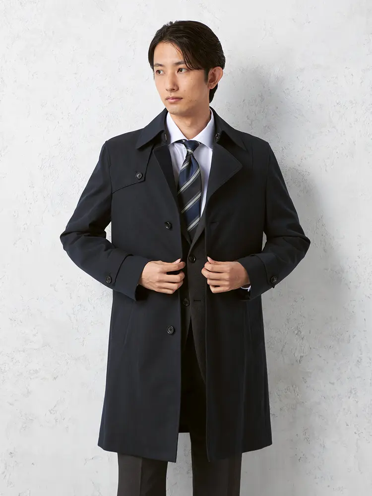 【NERO】セミトレンチコートライナー付コートヘリンボン撥水加工ストレッチ秋冬【スリムデザイン】