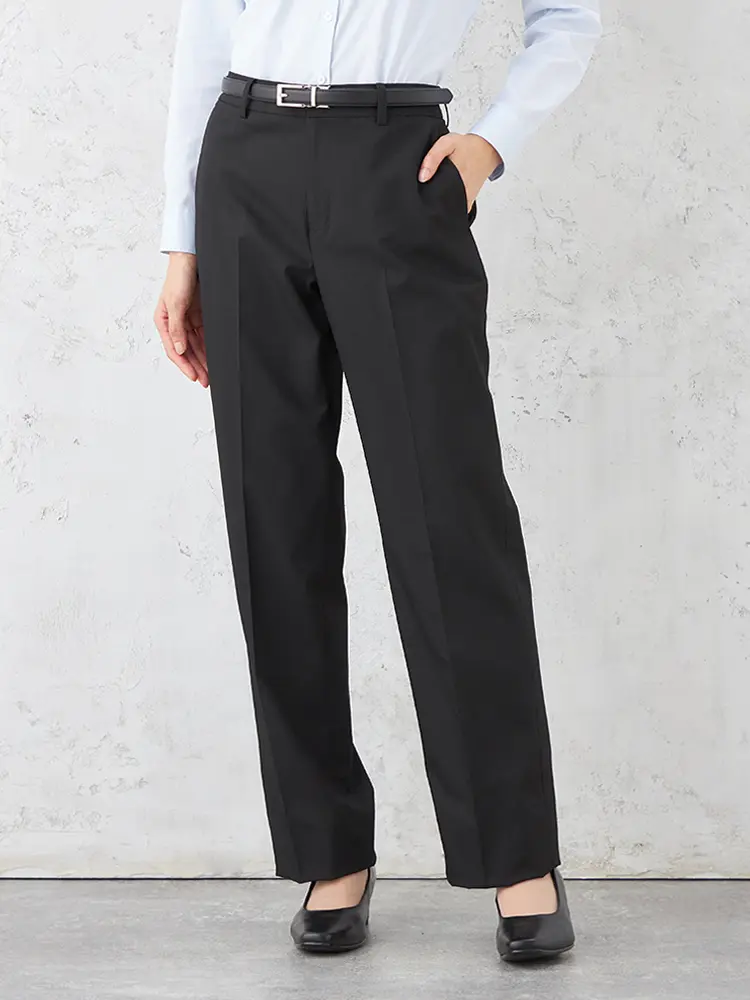 【SOFFICE】ポリエステルレーヨン黒無地ストレートパンツソフィーチェウォッシャブルストレッチ通年