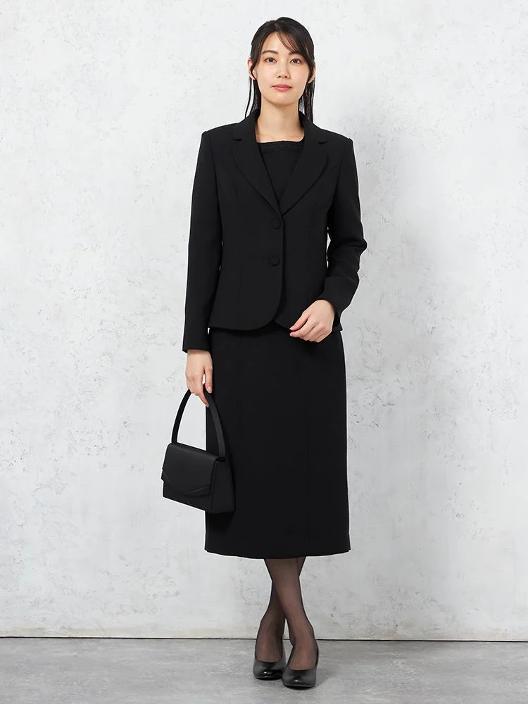 【ウォッシャブル】フォーマルジャケット/前開きレース衿ワンピースアンサンブルストレッチ黒無地STOVEL＆MASONWHITE通年礼服【レディース】